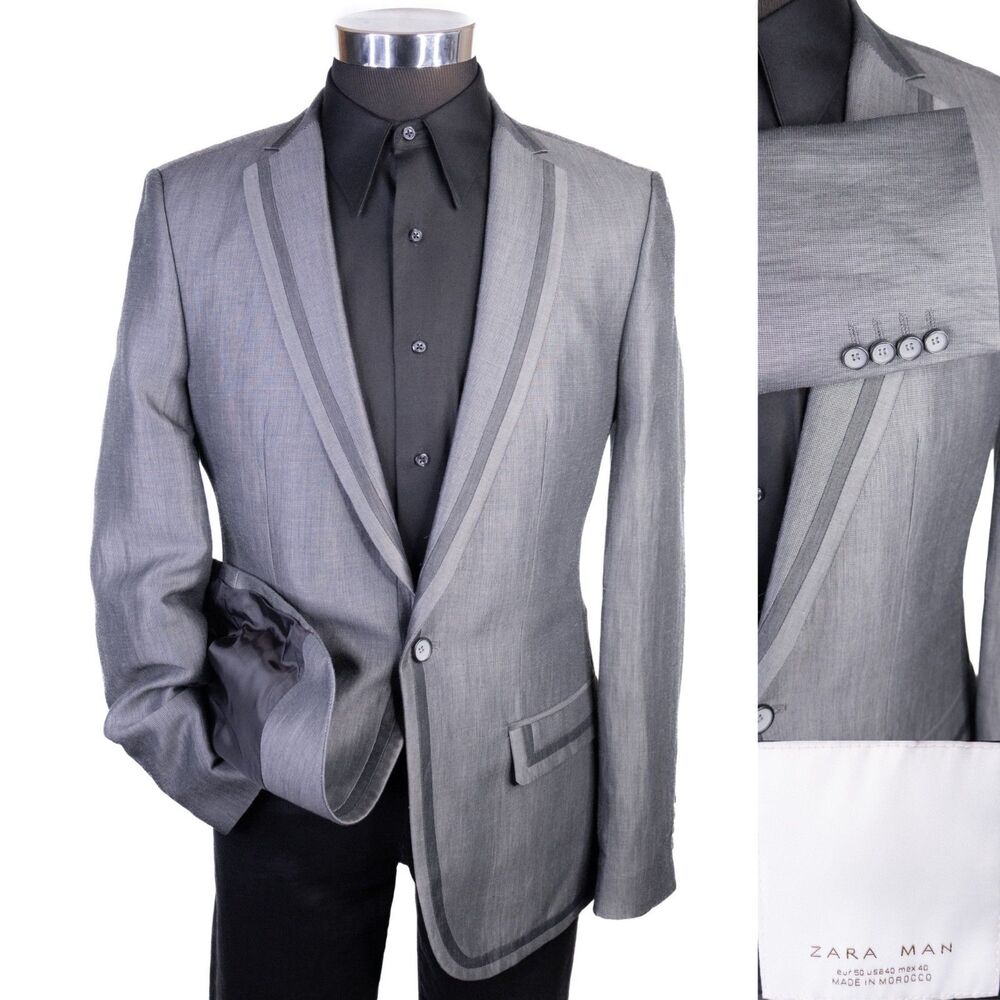 Zara Blazer Mens 40R Tuxedo One-button Blazer Gray Jacket Coat Poly Blend